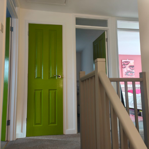 Interior painting by G. Hull — landing with lime-green gloss doors and crisp white woodwork